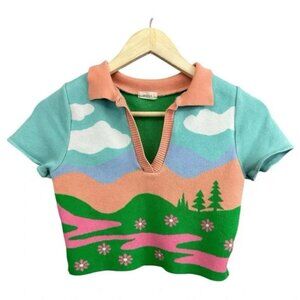 🌈 Debut Cropped Graphic Knit Polo Top | M (Stretchy)